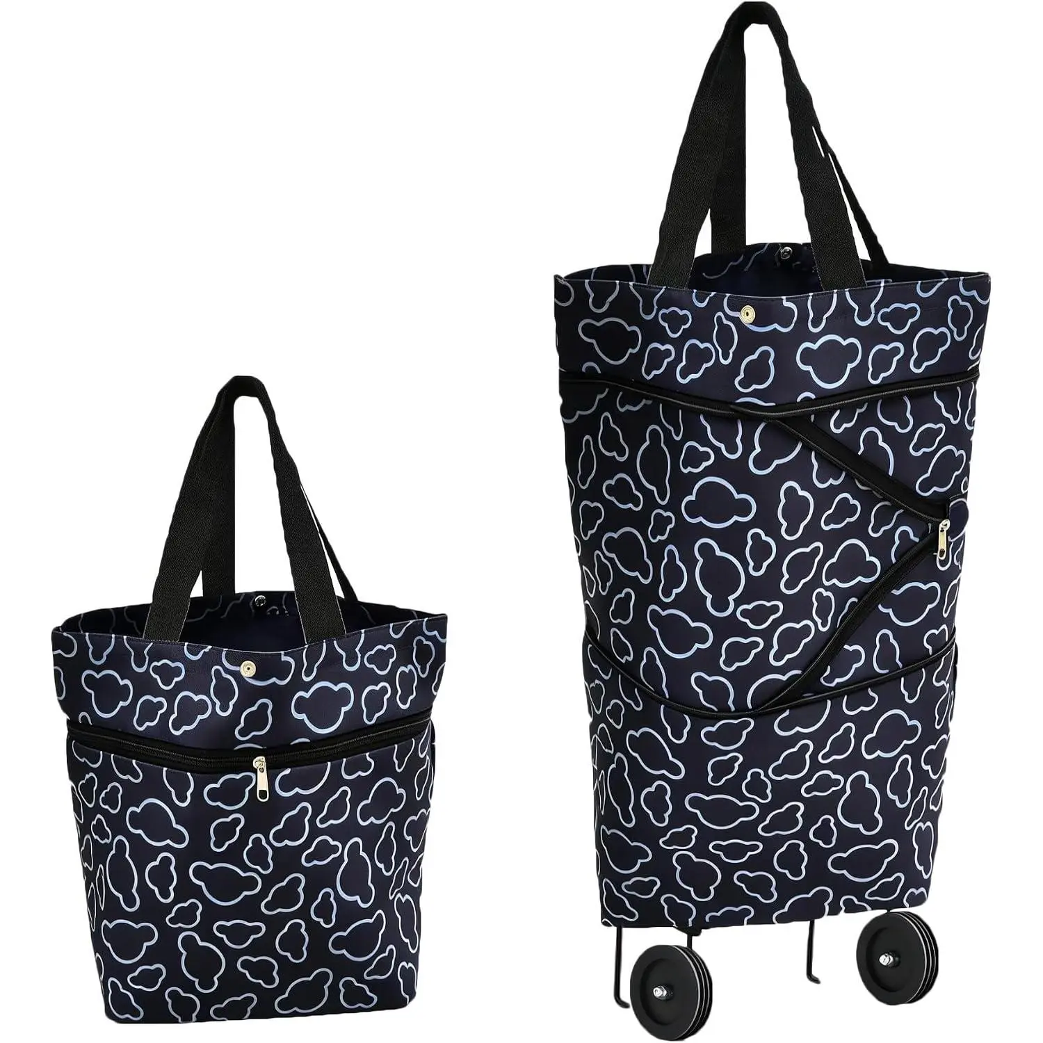 Collapsible Shopping Bag with Wheels Shopping Cart with 360° Swivel Wheels Rolling Tote Bag Reusable Grocery Bag Trolley Bag on Wheels for Travel Shopping and Daily Use(Black)