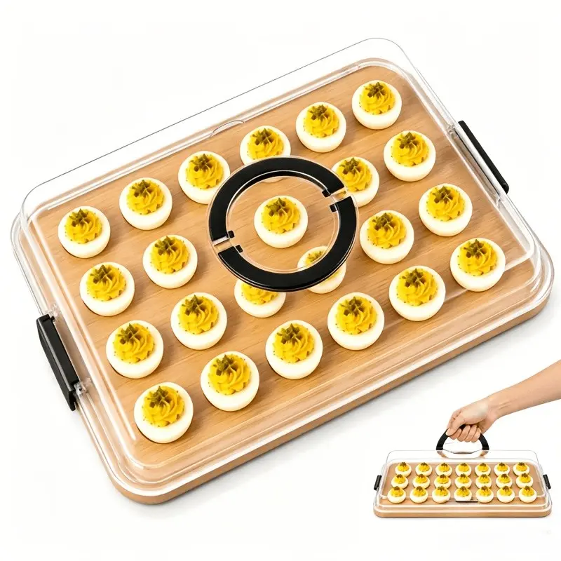 Bamboo Deviled Egg Container with Lid, Wooden Egg Tray Platter with Clear Cover, Reusable Appetizer Tray for Parties & Picnics
