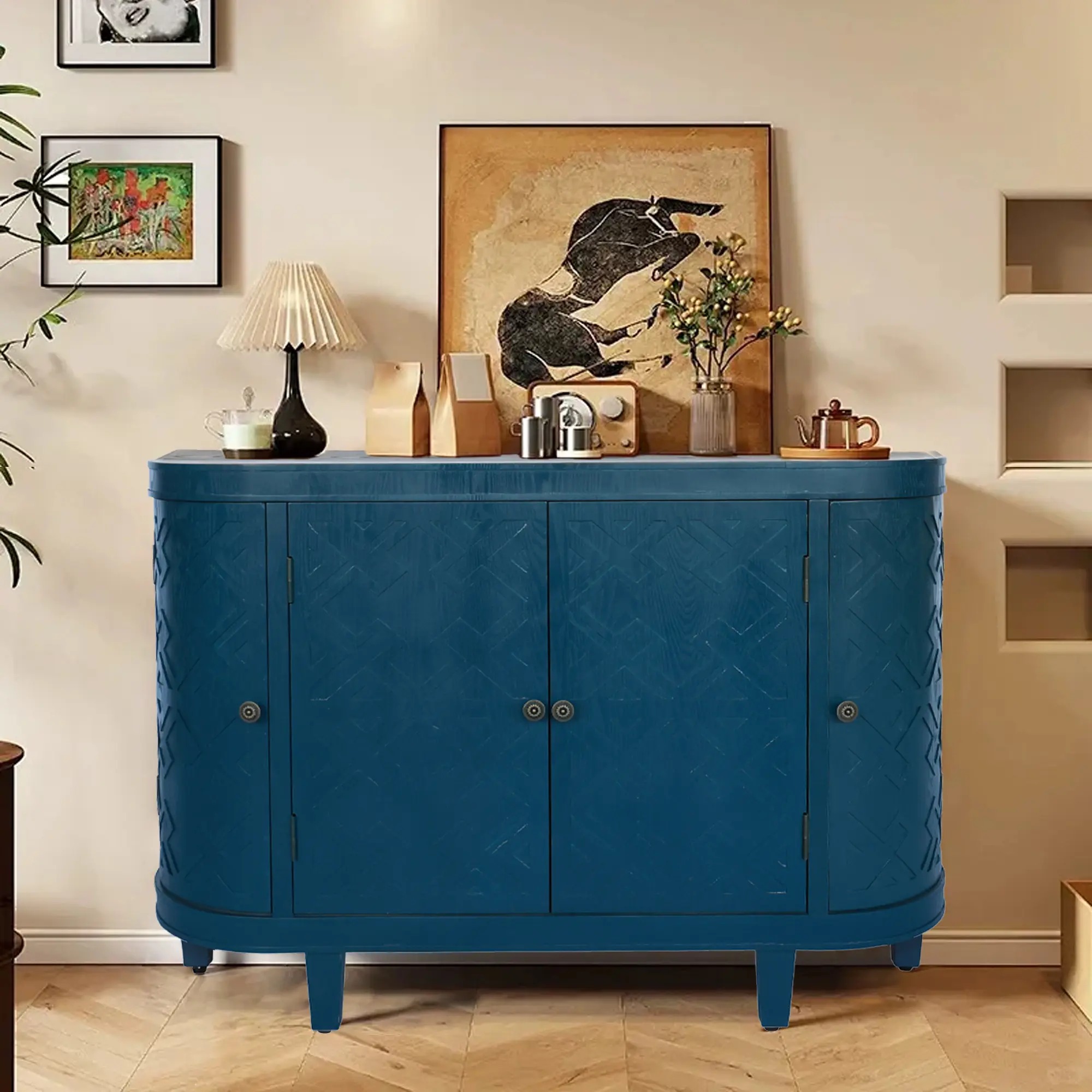 ARCH 47-Inch Oval Storage Cabinet with 4 Doors, Antique Blue Green MDF Buffet Sideboard with Sliding Roller Shutter Doors, Fluted Accent Credenza, Freestanding Console Table for Living Room, Bedroom, Kitchen, Dining Room, Antique blue green Color