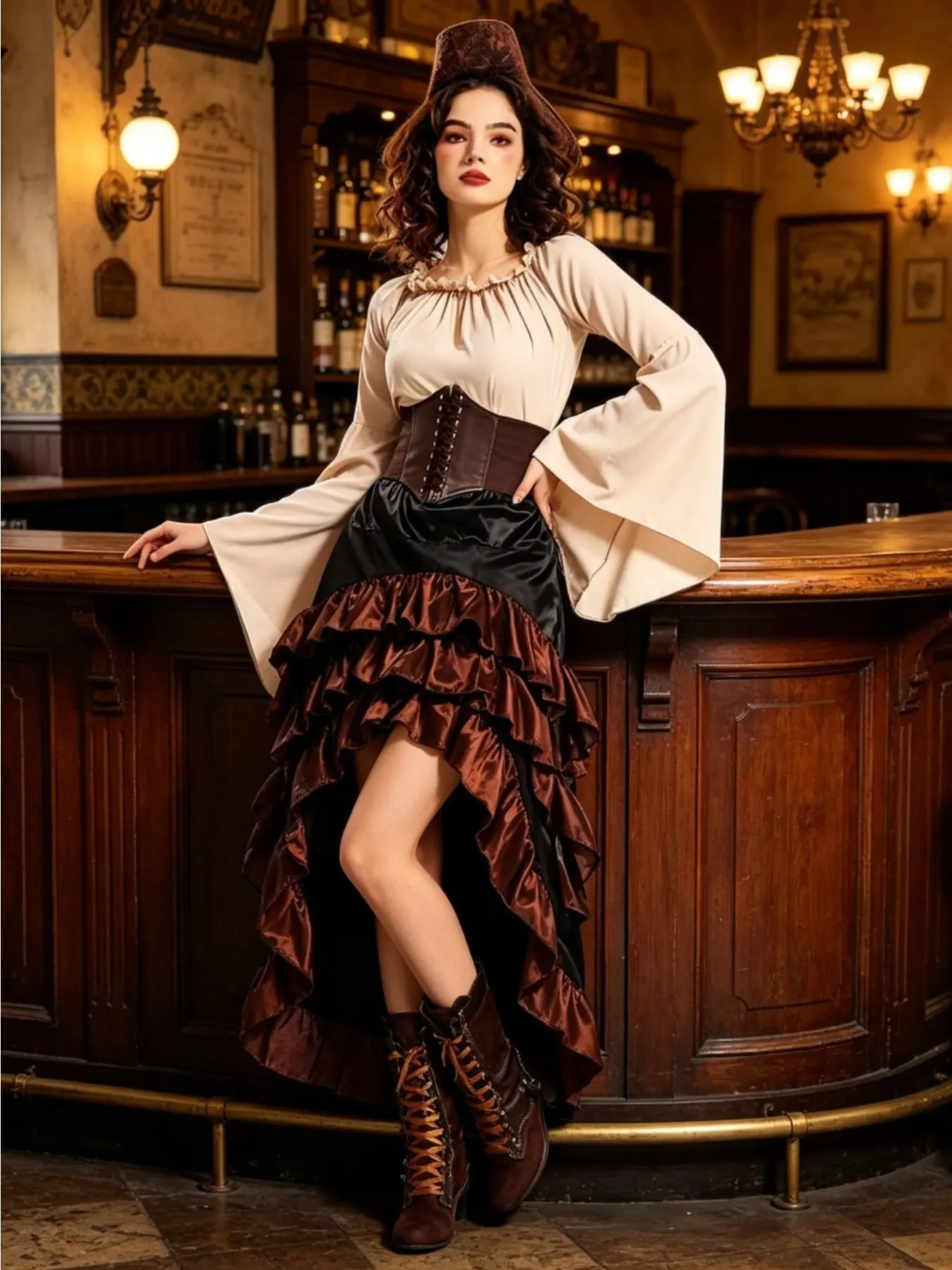 Medieval Nautical Style Pirate Dress Irregular Waist Ruffle Long Dress Halloween Party Stage Performance Cosplay Costume