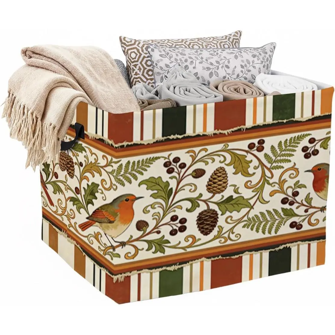 Vintage Flower Bird Print Rectangular Collapsible Laundry Basket Hamper with Handles, 56L Large Capacity Clothes Storage Organizer for Home Decor, Bedroom Organization