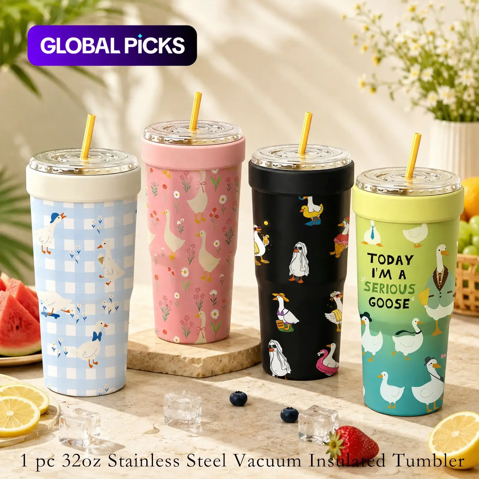 1 Pc 32oz Cartoon Goose Print 2-in-1 Insulated Can Cooler Flask, Portable Insulated Tumbler, Includes Tumbler Lid, Straw, Converts into a 32oz Travel Tumbler, Double Wall Vacuum Stainless Steel, Fits Most 16-24oz To-Go Coffee Cups, Christmas & Daily Use