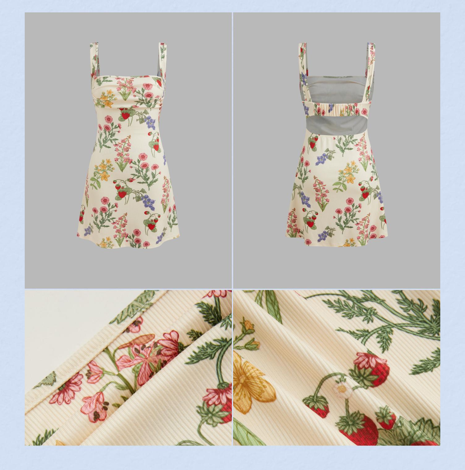 Cider [size 0-26] Square Neck Floral & Fruit Graphic Mini Dress, High Stretch Sundress for Women, Summer Dress for Vacation & Garden Party, Pinterest Girl Picnic Outfit, Womenswear