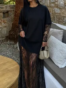 Sheer Lace Two-Piece Dress, Elegant Loose Fit T-Shirt with Lace Long Skirt and Sleeves, Stylish Women's Fashion