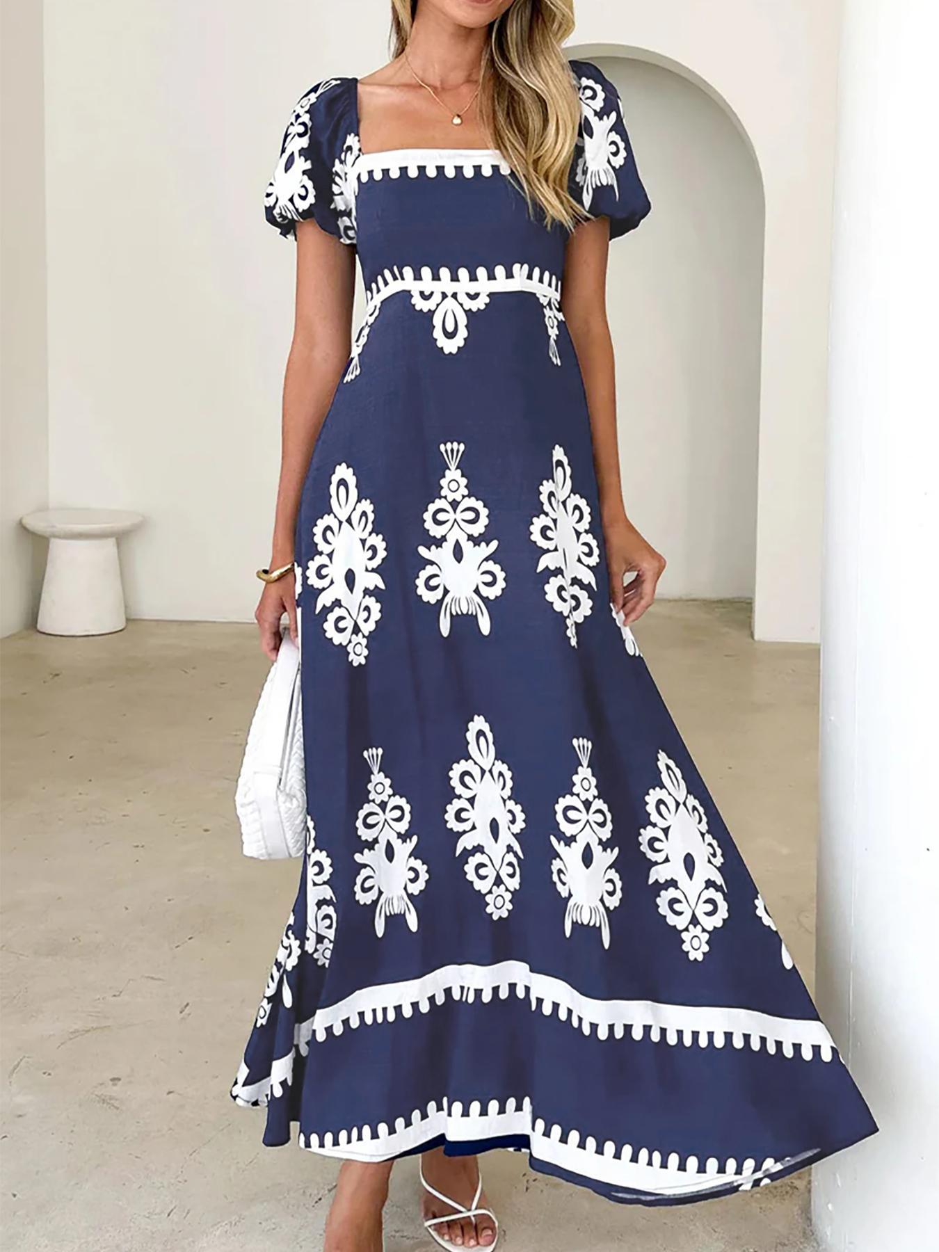 Women's Pocket Square Neck Dress, Bohemian Fashion Casual Short Sleeve Long Dress for Daily Holiday Vacation Wear, Ladies Dress for Summer, Classy Modest Dresses, Womenswear, Boho Chic Dress, Bohemian Print Dresses