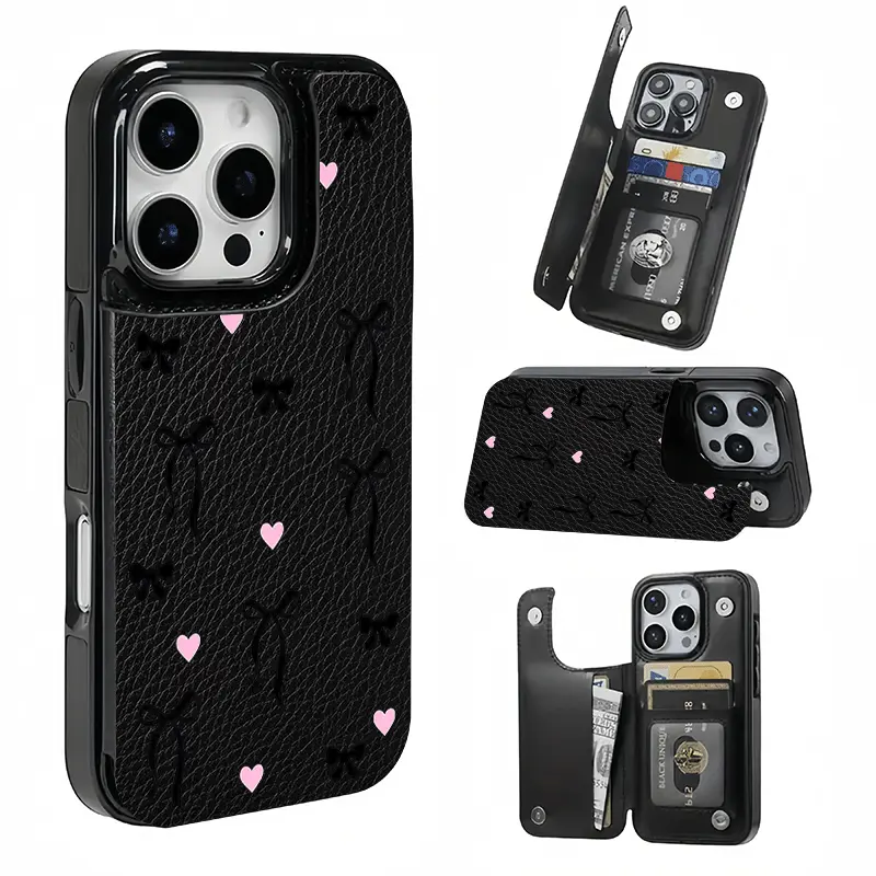 Black Bow and Pink Heart Card Holder, This phone case features a card slot function, can store bank cards, transit cards and other cards, suitable for iPhone 17/16/15/14/13/12, and makes a great gift for girls.