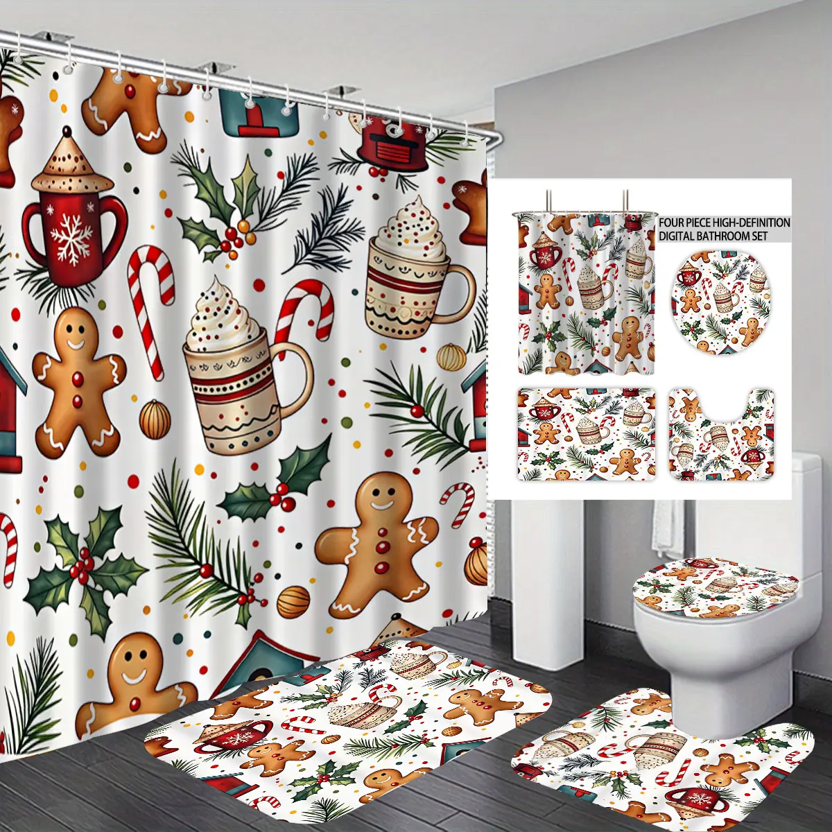 A four‑piece digital‑printed bathroom set, Christmas gingerbread man coffee cup theme, includes shower curtain, bathroom floor mat, U‑shaped cushion and toilet seat cover, suitable to be given as a gift