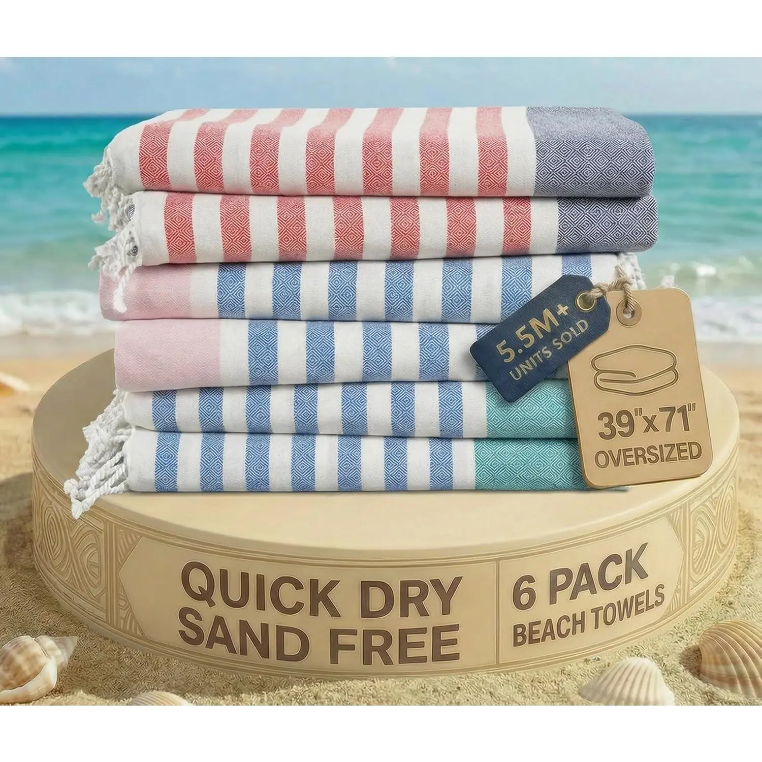 Beach Towels 6 Pack, Bulk Beach Towels Oversized, Pool Towels for Adults, Sand Free Beach Towel, Fast Drying Beach Towel, 39"x71" - Diamond Multi Stripe