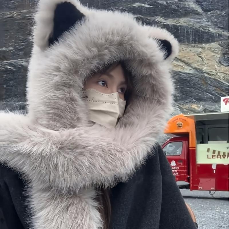 Winter Velvet Cat Ear Hat with Scarf  Soft Faux Fur Knit Beanie for Men & Women  Warm & Lightweight Fashion Hat with Toggle Closure for Cold Weather Adventures