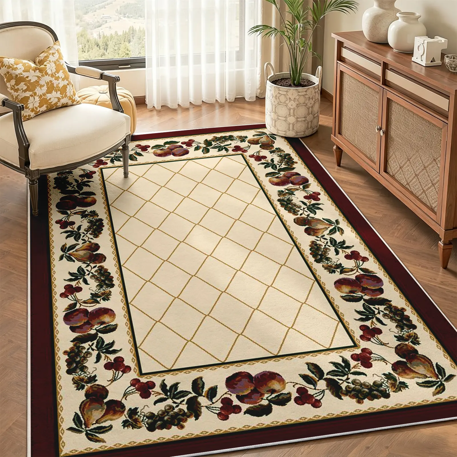 English Manor Area Rug, Cream Center with Diamond Lattice and Framed Fruit & Berry Botanical Wreath, Non-Slip Washable Carpet, Soft Durable Floor Mat, Aesthetic Rugs for Living Room Dining Room Home Decor, 8 x 10 ft Area Rugs