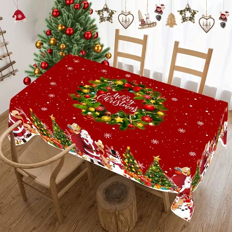 Christmas Tablecloth, Santa Snowman Tree Pattern, Polyester Rectangular, 4-6 Seats, Kitchen Dining, Holiday Decor, Festive Table Setting