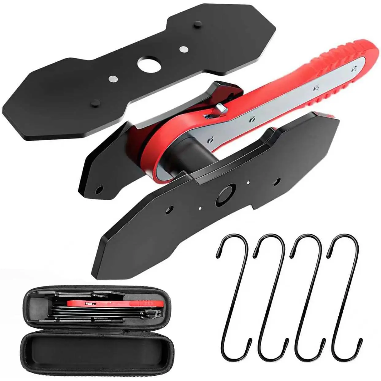 Brake Caliper Compression Tool Kit, Caliper Piston Compressor Tool, 360° Ratchet Piston Press with 4 Hooks & 2 pcs Large Steel Plate for Single Twin Quad Sextuplet Piston Disc Brake Caliper