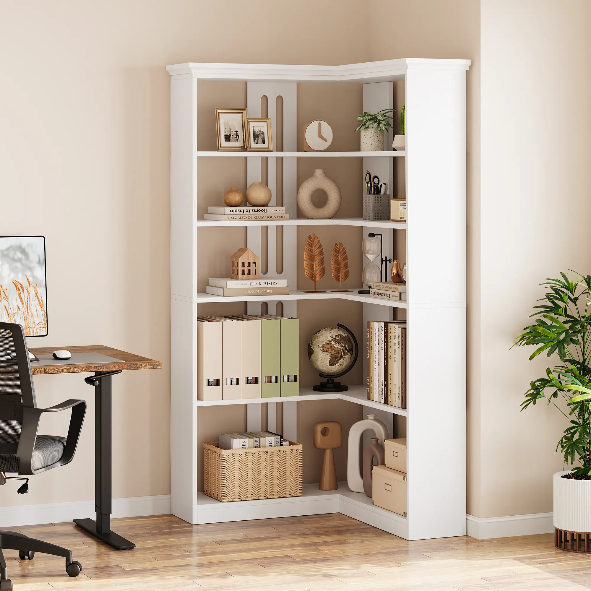 L Shape Corner Shelf, 5-Tier Modern Corner Bookshelf , Stylish Display Bookcase Wooden Open Book Shelf Storage Rack for Small Spaces, Living Room, Home Office