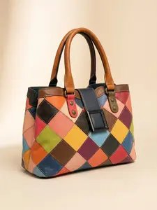 Colorful Leather Tote Bag, Vintage Art Style, Multi-Compartment Design, Ideal for Commuting & Daily Use, Large Capacity, Patchwork Pattern