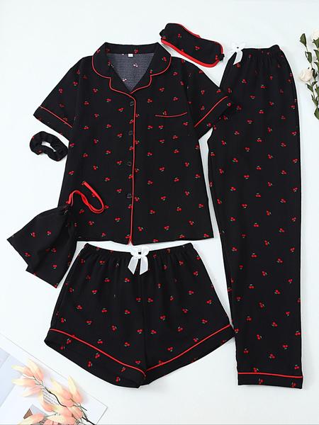 Women's All Over Print Top & Shorts & Pants & Accessories Pyjama Set, Casual Comfy Pj Set, Ladies Sleepwear for All Seasons Pajamas