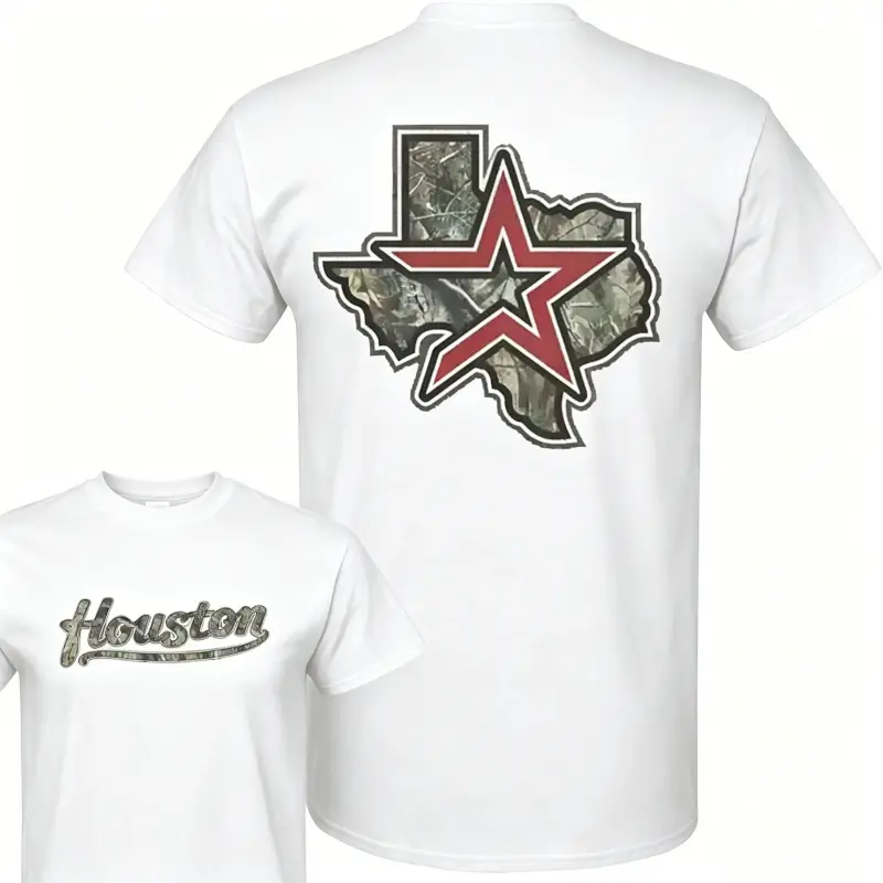 Men's Vintage Houston Texas Camo Star Graphic T-Shirt - Unisex Streetwear Outfits, Heavyweight Short-Sleeve Cotton Top, Outdoor Red Casual Daily All-Season Tee, Men's T Shirts, Vintage Graphic Tees, Cotton Graphic Tees