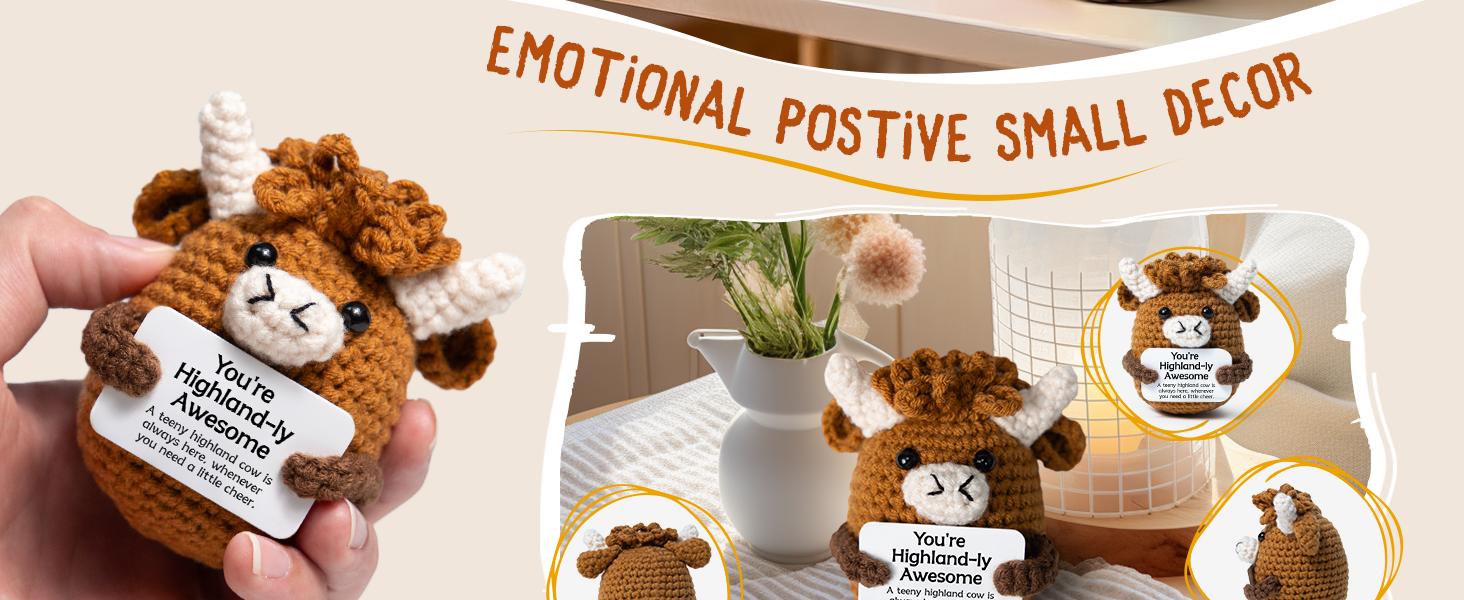 Emotional Support Highland Cow Cute Crochet Desk Decor, Mini Funny Adorable Stuffed Highland Cow Figurine, Positive Crochet Animal Ornament for Women & Coworkers, Heartwarming Cheer Up Gifts & Lovely Desktop Decor to Boost Mood Daily