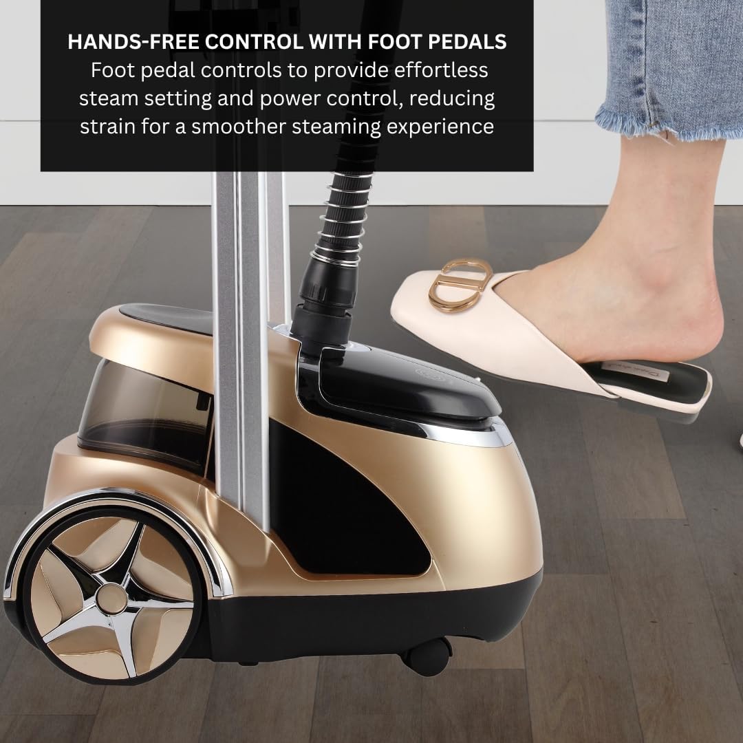 Limited Edition Professional Series Dual Bar Garment Steamer with Foot Pedals, Stainless Steel Steam Plate, Retractable Power Cord, 1.8L (60.8 oz) Water Tank, 1500 watts, 60+mins of Steam