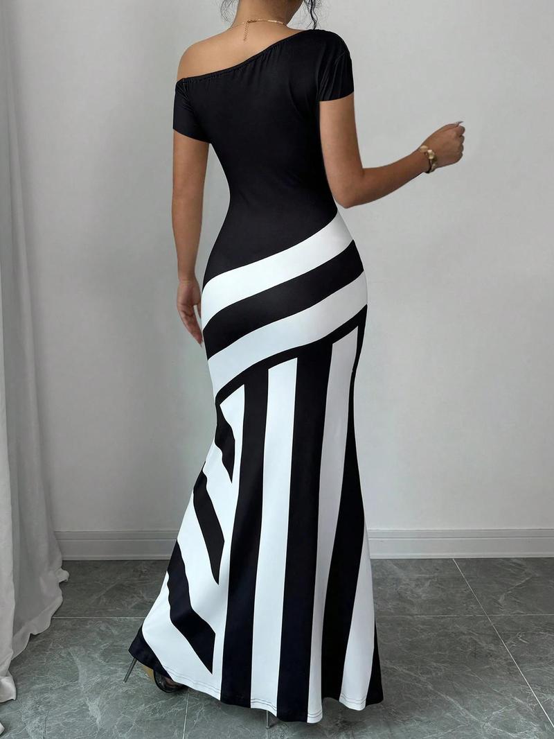 Valentine's Day Women's Colorblock  Asymmetrical Neck Mermaid Dress, Elegant Short  Sleeve   Dress for Party Holiday Wedding Guest, Ladies Summer Clothes