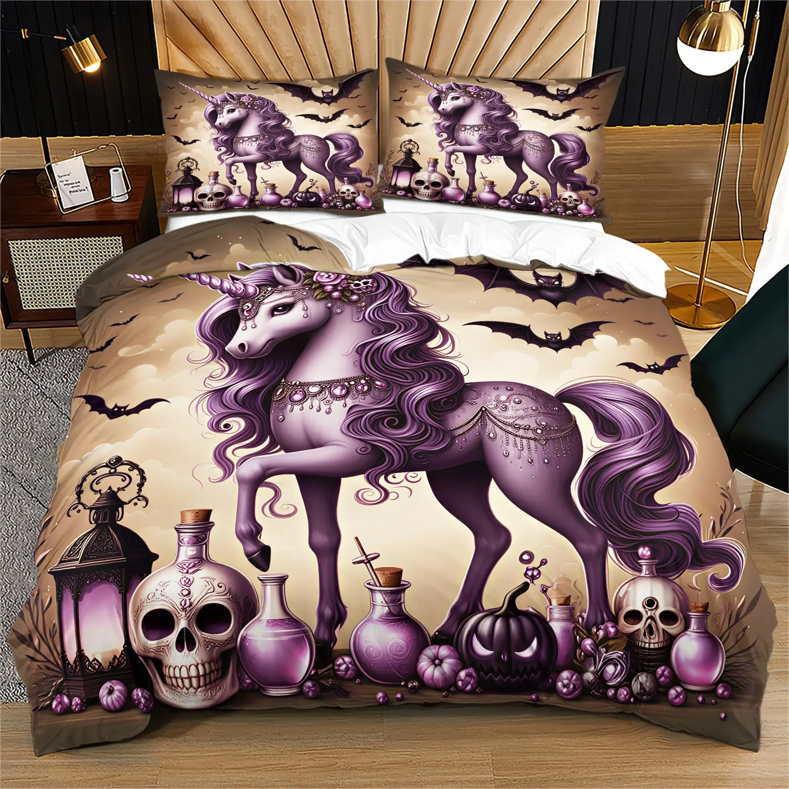 2/3PCS Dark Purple Gothic Elegant Unicorn Duvet Cover Set, Hidden Zipper, Bedding Decor, No Comforter & Pillow Inserts, Holiday Gift, Multiple Colors Available