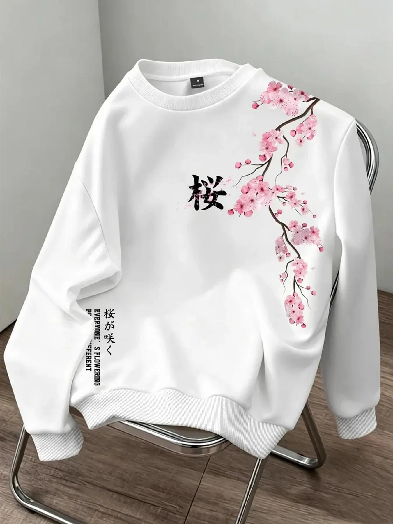 Home Casual Cherry Blossom Print Round Neck Hoodie, Asymmetrical Shoulder Design, Loose-Fit Comfortable Top for All Seasons