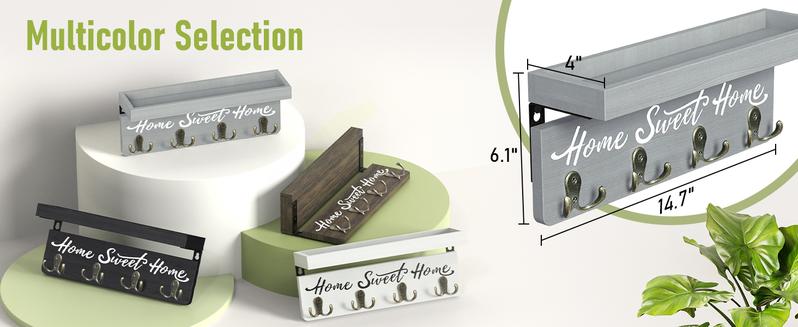 Wall-Mounted Key and Mail Holder, Wooden Key Rack With 4 Double Key Hooks, Rustic Home Decor for Entryway (Gray)