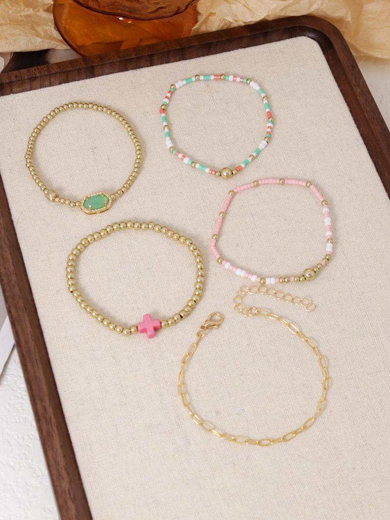 Colorful Stacking Bracelet Set, Stackable Bracelets, Fashionable Cross & Beaded Design Bracelets for Women & Girls, Casual Trendy Accessories for Party and Daily Life,Christmas Gifts For GF