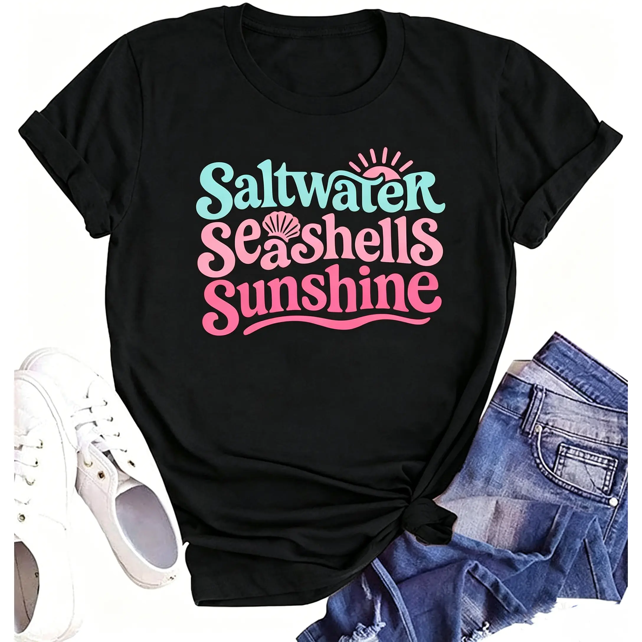Summer Shirt for Women Saltwater Seashells Sunshine Graphic Shirts Beach Vacation Tee Cute Coastal Short Sleeve T Shirt