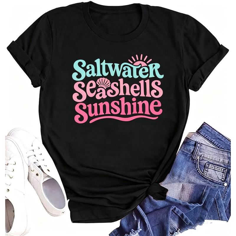 Summer Shirt for Women Saltwater Seashells Sunshine Graphic Shirts Beach Vacation Tee Cute Coastal Short Sleeve T Shirt