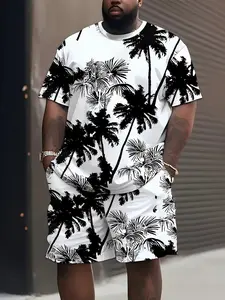 Men's 2-Piece Hawaiian Tropical Print Swimwear Set, Plus Size, Quick-Dry Fabric, Beach & Vacation Wear, Summer, Palm Tree Pattern, Shorts, Outfit
