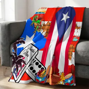 Puerto Rican Culture Print Flannel Blanket, Comfortable Warm Lightweight and Portable, Caribbean Style Sofa Bed Decor Blanket Office Nap Mat Car Travel Camping Cover Throw, Gift for Puerto Rican Culture Lovers
