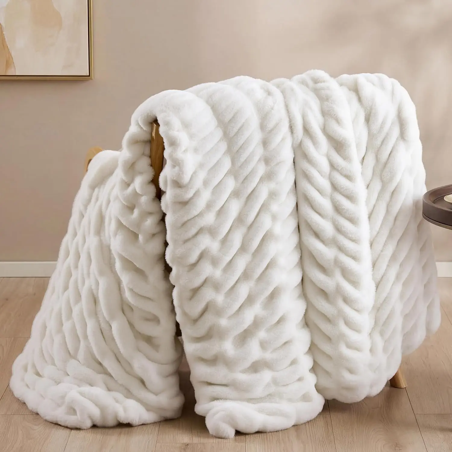 Cream White  Blanket for Couch -Luxury Faux   50"x60" | Ultra Soft & Plush Comfort Ruched Blanket, Cozy Fuzzy Fleece Throw for Sofa, Bed & Office,  for Women, White Room Decor