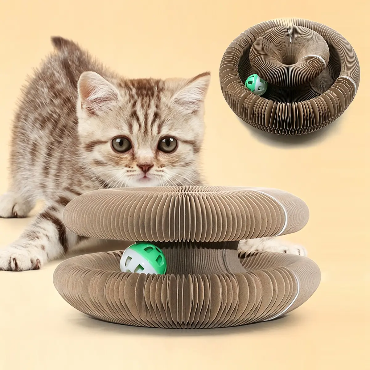 Accordion Magic Cat Scratcher | Variable Shape Corrugated Cardboard Cat Toy with Bell Ball Cat Tunnel Toy for Indoor Cats Scratcher Toy – Boredom Relief & Furniture Saver