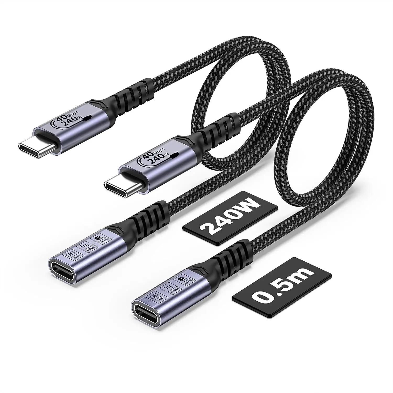 USB C Extension  1.5FT (2 packs/240W/40Gbps/8K), Short USB 4.0 Extender , 40Gbps High Speed Data Transfer Male to Female, 8K Video Display Compatible for MacBook Air M2 Pro/iPad/Magsafe/Hub