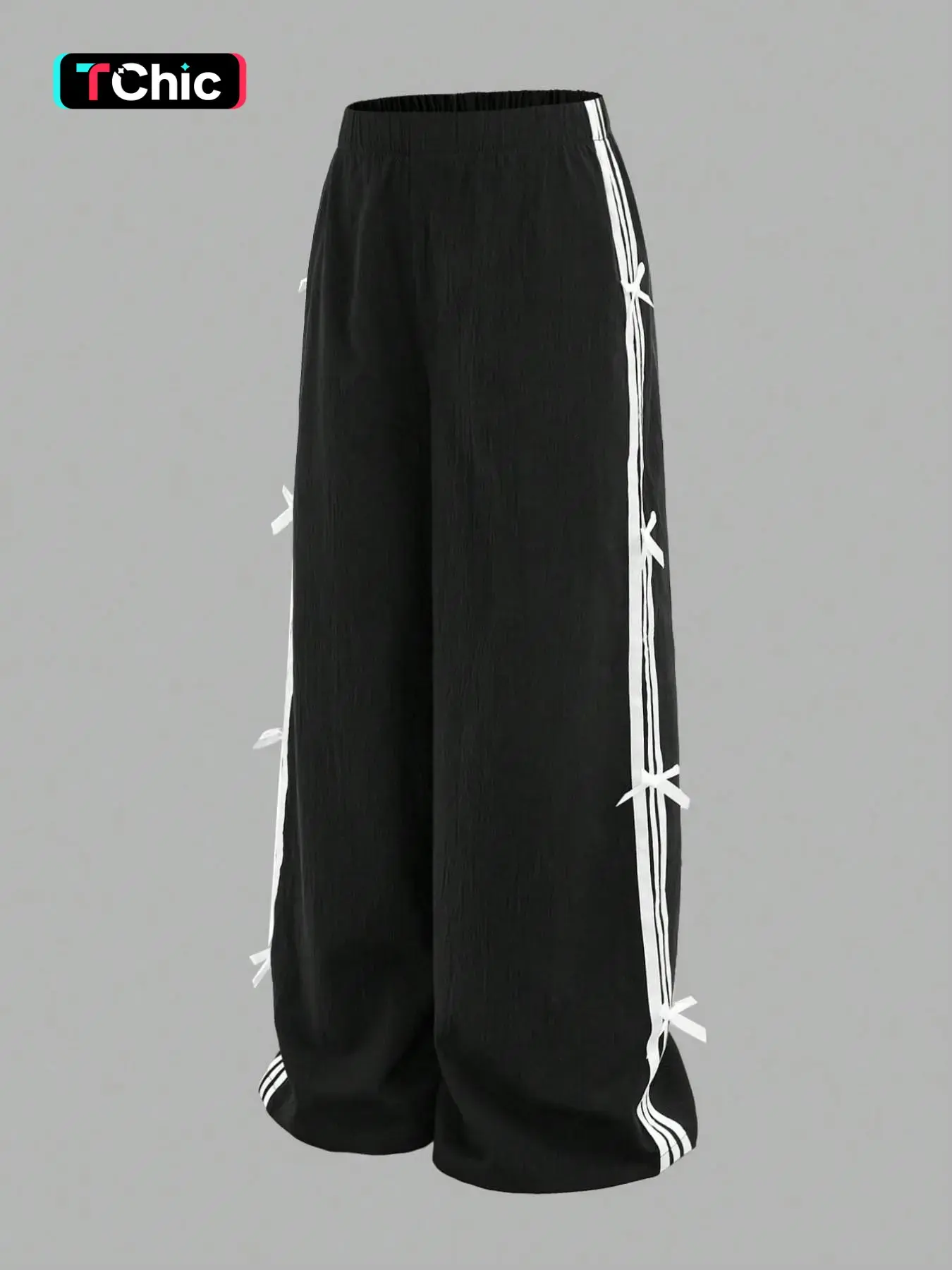 1 Piece Women Elastic High Waist Side Striped Bow Decor Wide Leg Sweatpants Casual Streetwear Loose Trousers Daily Bottoms No Necklace