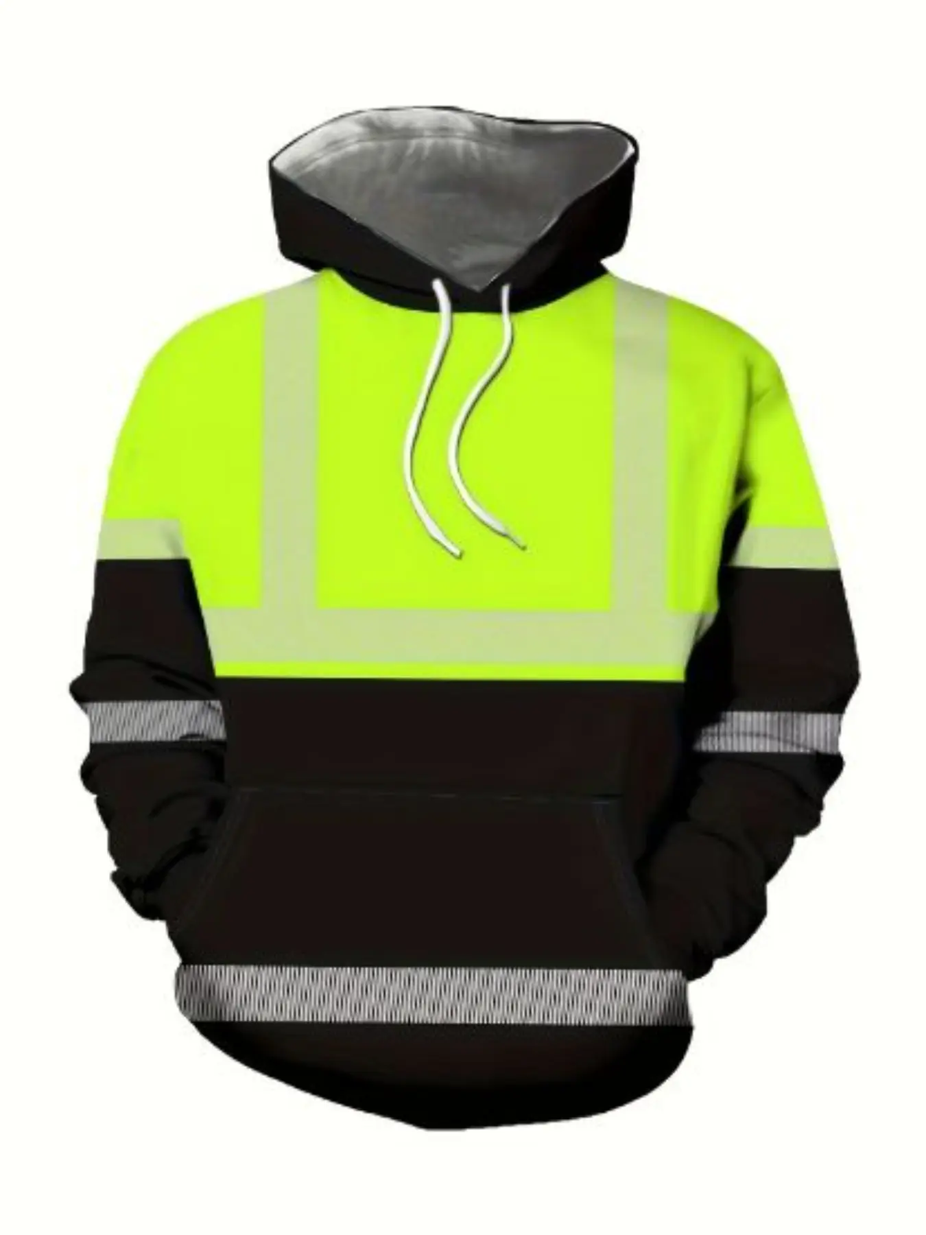 Creative Reflective Safety Warning Hoodie, Fluorescent Long Sleeve, Casual Fitted All over Print, Fall & Winter Fashion Top