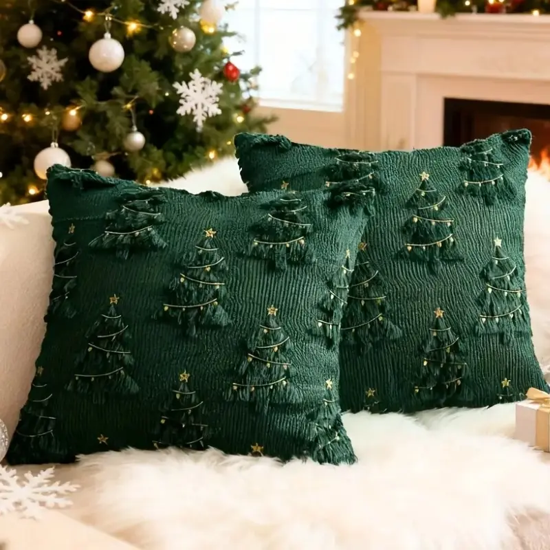 2 Pack Quilted 3D Christmas Tree Throw Pillow Cover, Nordic Luxury Embroidered Star Cushion Case 18*18 Inch, Xmas New Year Winter Home Decor For Sofa Bedroom, No Pillow Core