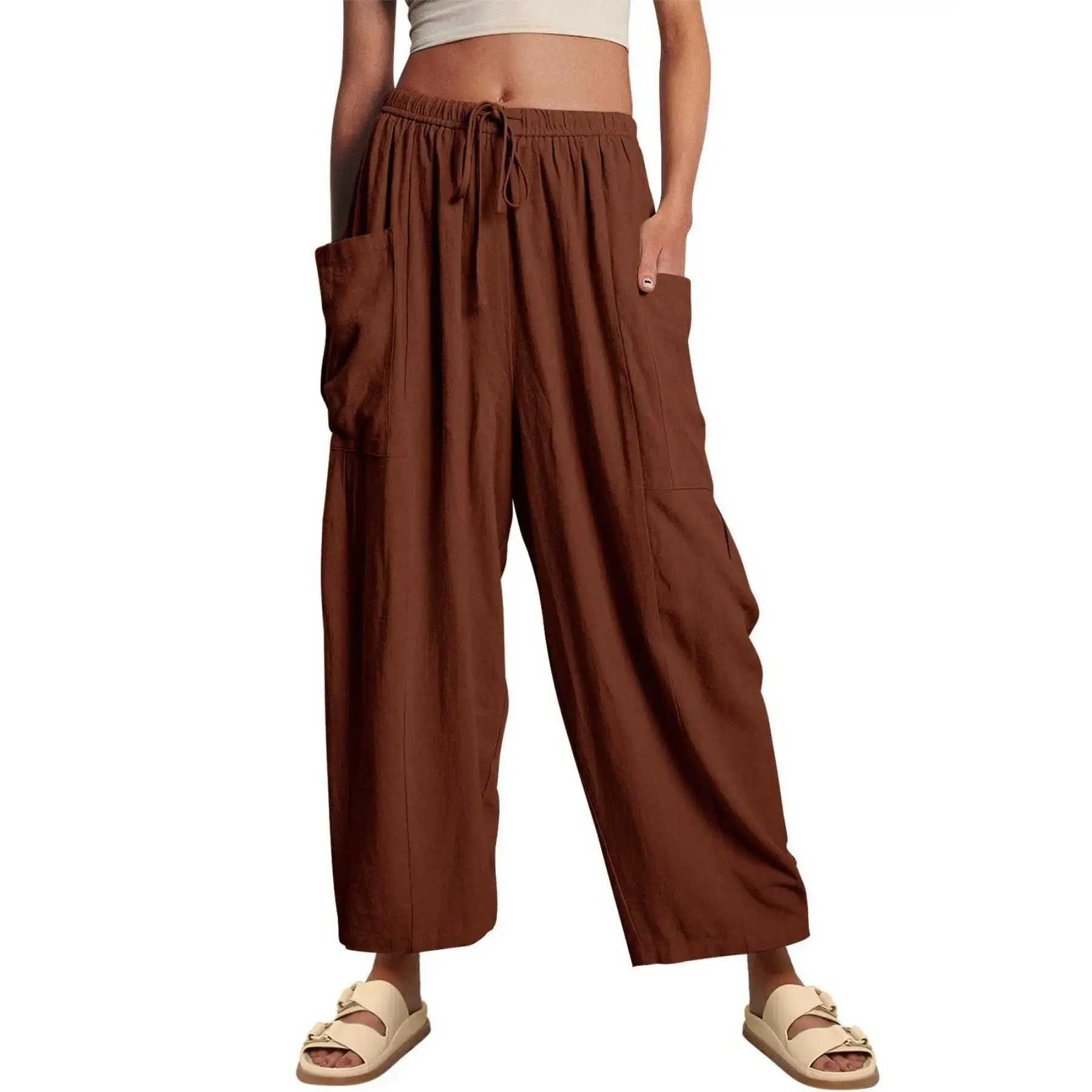 Women’s Casual Harem Pants with Pockets, Drawstring Elastic Waist Loose Fit Bohemian Trousers for Daily Wear