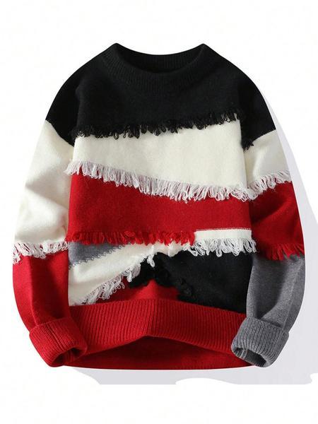 Men's Patchwork Color Block Pullover Sweater, Stylish Casual Crew neck Drop Shoulder Long Sleeve Knitted Top,Unisex Ripped Design Fashion Fall Winter Inside Top Soft Warm Sweatshirt Daily Life, Trendy Men's Outdoor Going Out Warm Jacket Knitwear