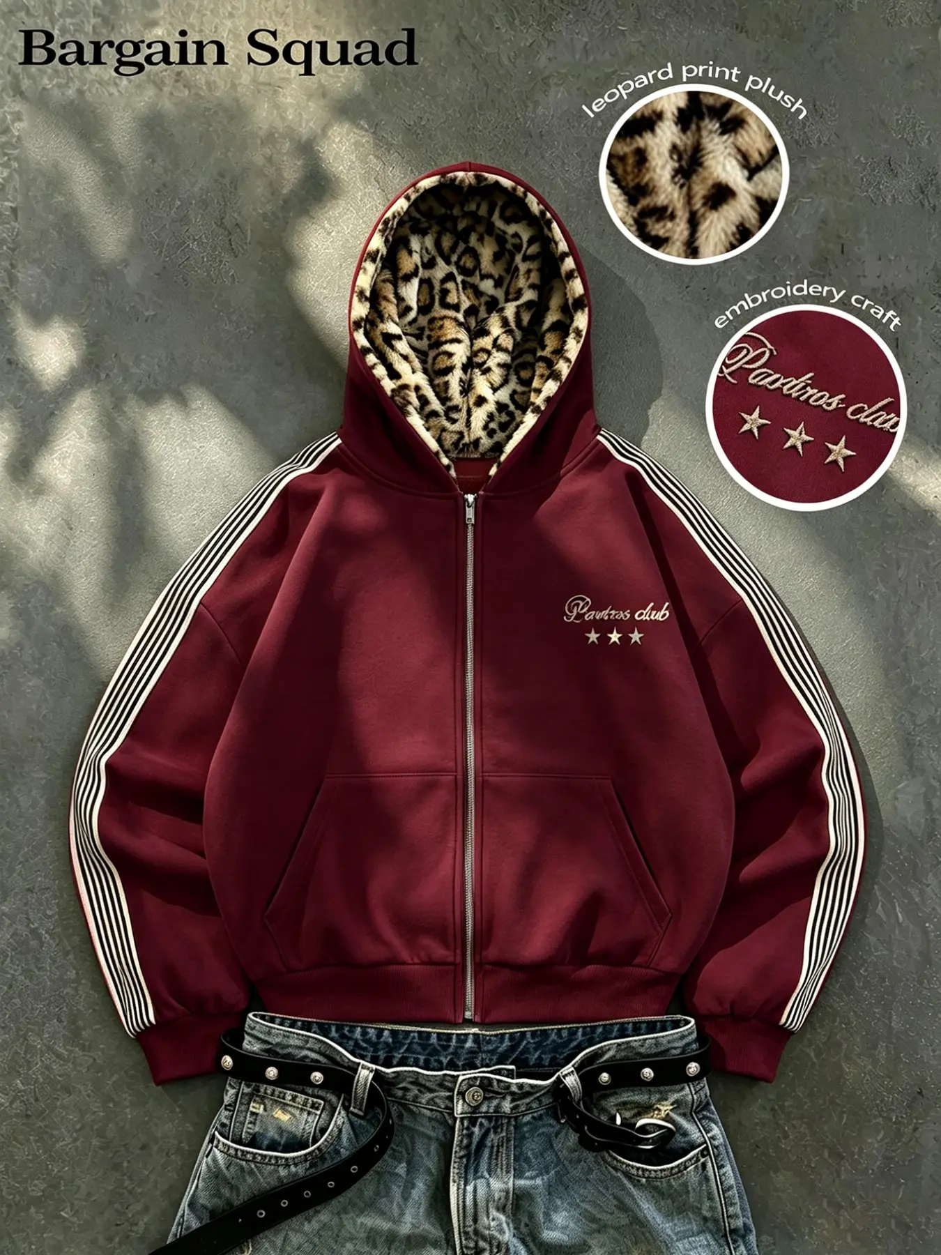 Men's Leopard Print Fleece Lined Zipper Hoodie, Side Striped Long Sleeve Embroidered Warm Loose Winter Street Style Jacket