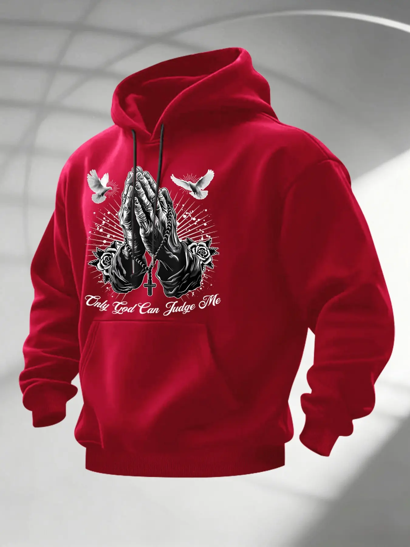 Men's Vintage Prayer Hand Dove Rose Cross Print Hoodie, Long Sleeve Pocket Hooded Sweatshirt, Casual Fall Winter Fashion