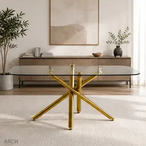 ARCH Large Modern Minimalist Rectangular Glass Dining Table 71x35.4x30 in Tempered Glass Top Gilded Metal Legs for Kitchen Dining Room Living Room Meeting Room Ballroom Seats 4-8 People Golden, Golden Color Options, Metal Material