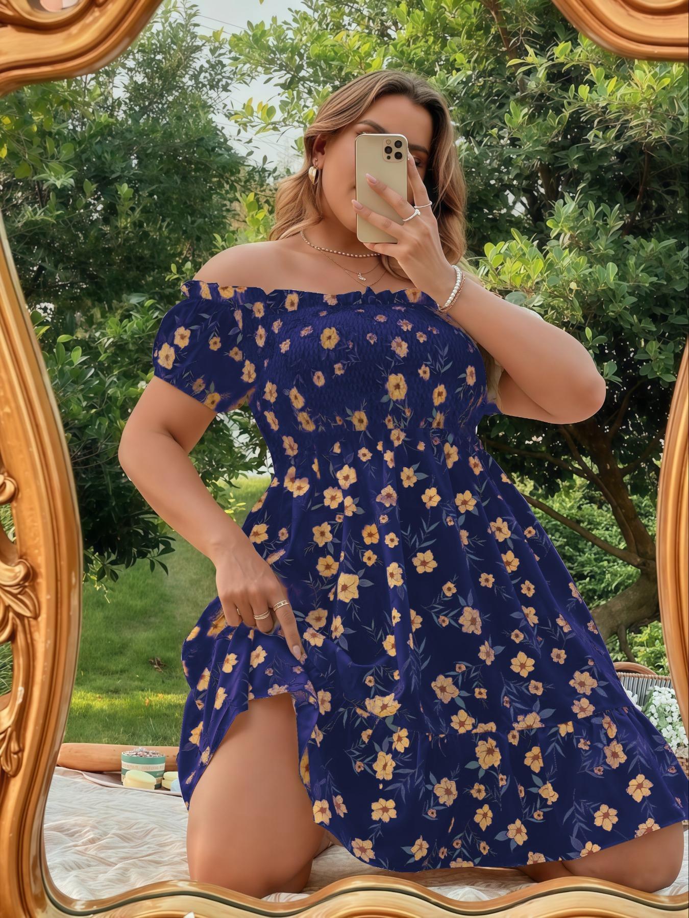 Plus Size Floral Print Off Shoulder A Line Dress, Boho Romantic Shirred Ruffle Hem Dress for Beach Vacation Holiday, Women's Plus Clothes for Summer