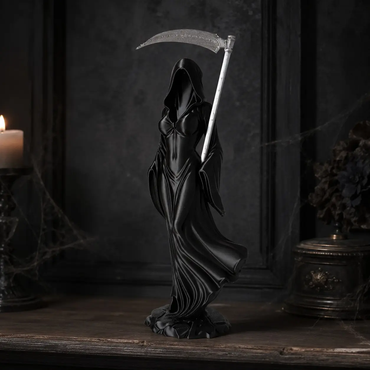 Scythe Goddess Statue – Dark Gothic Grim Reaper Female Figure, Detachable Scythe Design Fantasy Collectible Model, Dark Mythology Warrior Goddess Sculpture, Decorative Sculptures for Home Desk Decor and Display
