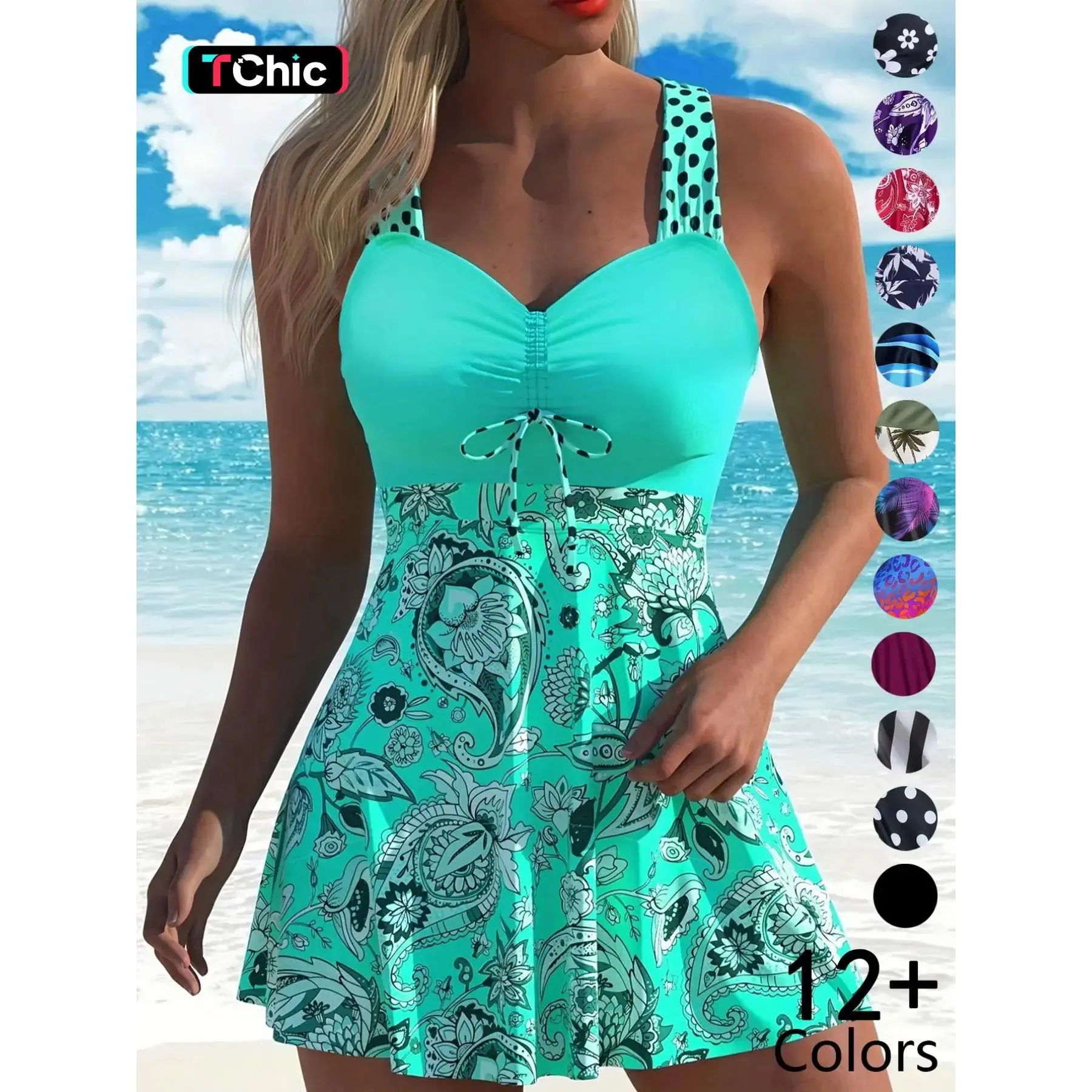 Plants Print Women's V Neck Swimdress & Tankini Set, Casual Sleeveless Swim Dress & Top Two-piece Swimsuit for Beach Holiday Vacation, Ladies Swimwear for All Seasons, Floral Printed Swimwear, Bathing Suits easy care