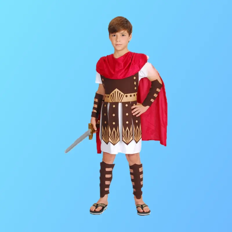 Adult Roman Gladiator Polyester Pullover Tunic Cosplay Costume Set - Classic, Metallic Accents, Renaissance Themed, Knee-Length, Polyester Fabric, Reinforced Stitching, Printed Armor, Sword, Shin Guards, for Halloween, Stage Use, with Kid's Matching Sizes