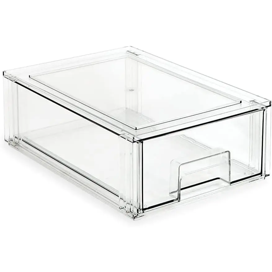 Medium Stackable Organizer Drawer (12.5” x 8.3” x 4.1”), Clear Plastic Storage Box, Pull-Out Bin, , Office, Closet & Shoe Organization, , /Fridge/Freezer Safe (Medium)