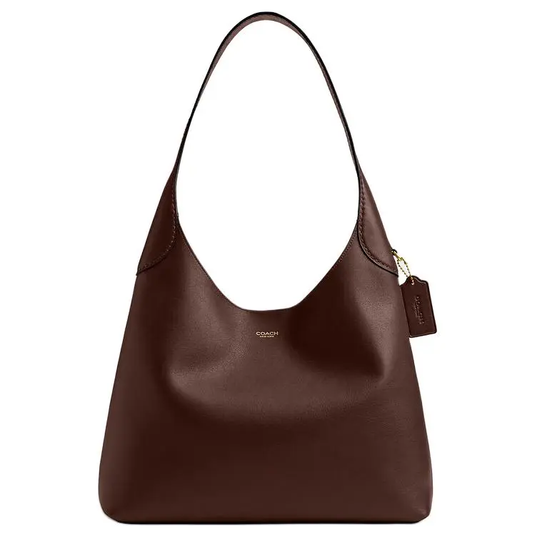 COACH Brooklyn 34 Letter Pendant Gold Leather Crossbody Bag for Women, Medium Size, Red Brown