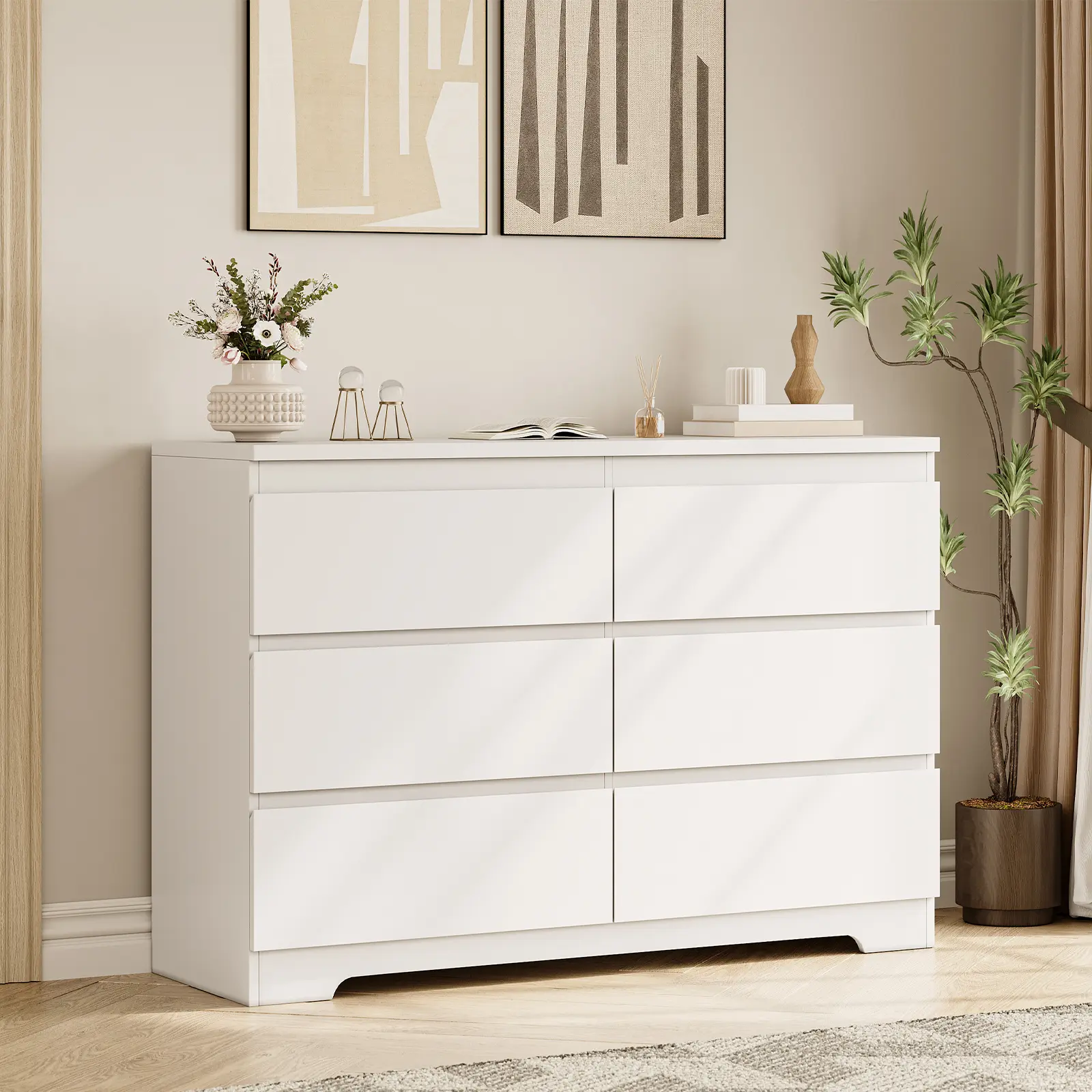 Modern 6 Drawer Double Dresser – Wide Wooden Chest,Chest of Drawers for Closet, Living Room, Hallway, White