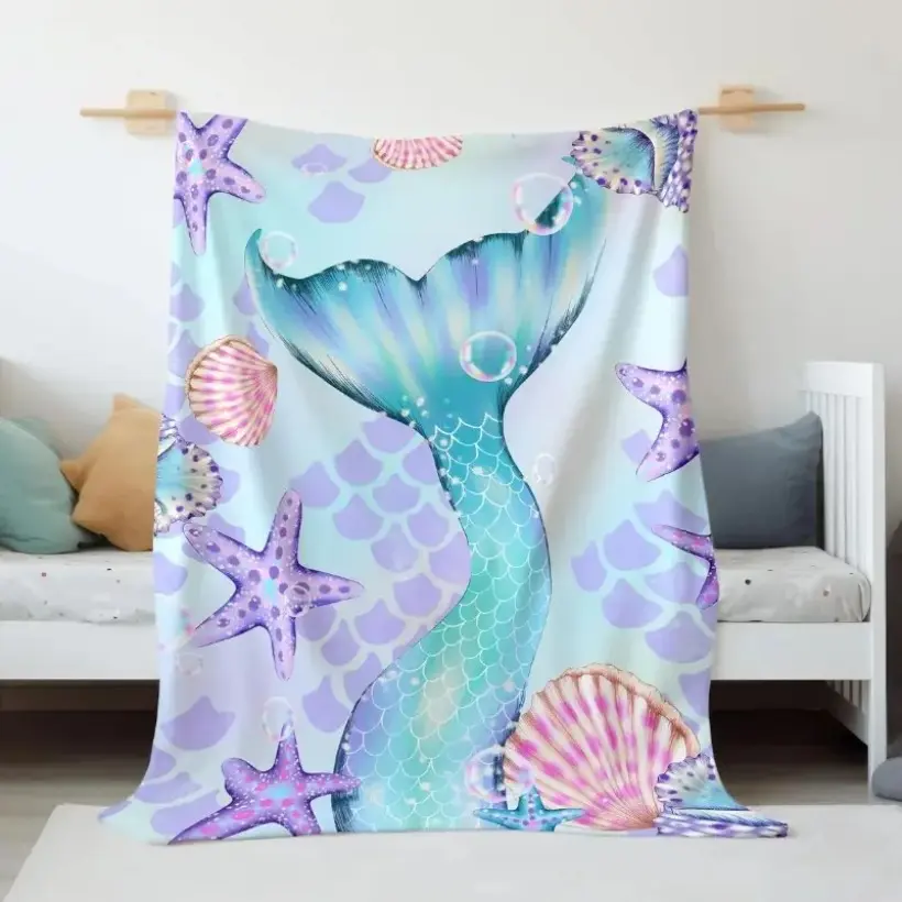 Mermaid Throw Blanket for Kids - Soft Cozy Plush Fleece Fluffy Blanket, Ideal Independence Day Father’s Day Housewarming Gifts for Boys & Girls, Family & Friends, Fluffy Blankets